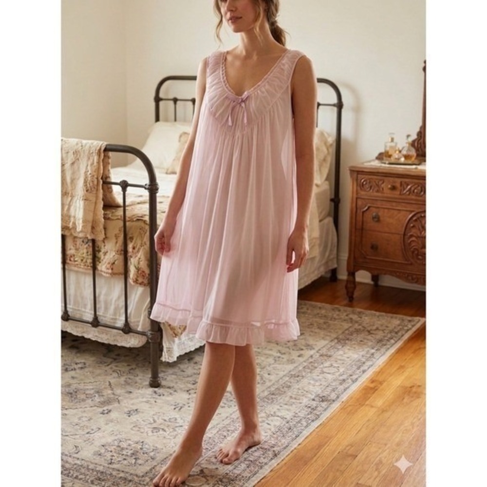 Printemps Vintage Pink Sheer Ruched Nightgown Dress M Coquette Edwardian